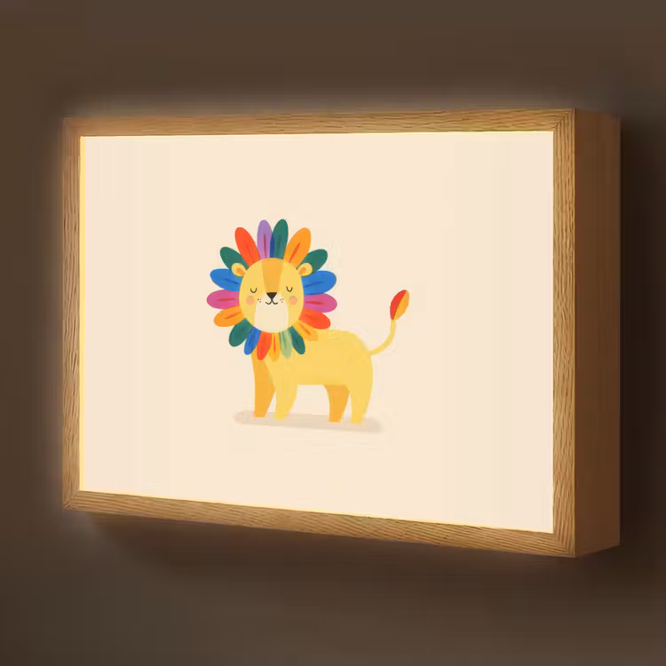 Leeuw - Kleurrijke manen - Beige Light Box met batterij (Wandlamp kind) middel -z3d_website