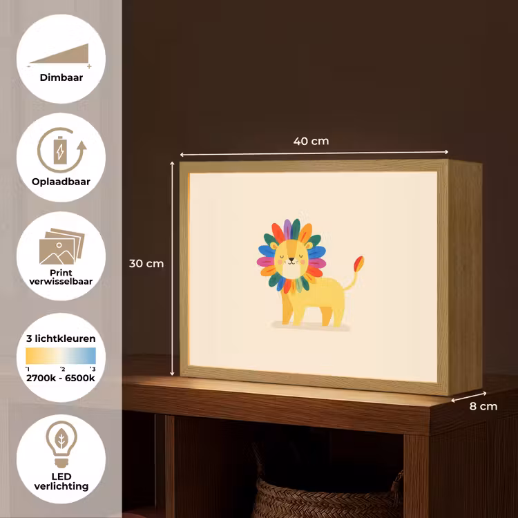 Leeuw - Kleurrijke manen - Beige Light Box met batterij (Wandlamp kind) middel -USP_websiteoverzichtNL