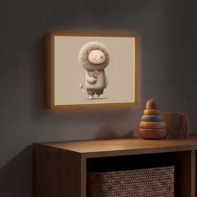 Leeuw - Oranje bloemen - Vriendelijk Light Box met batterij (Wandlamp kind) middel -sfeer5_kind