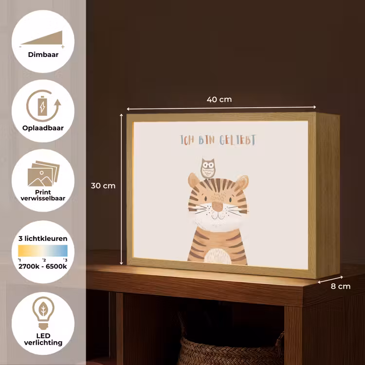 Leeuw - Uil - Beige - Dieren - Quote Light Box met batterij (Wandlamp kind) middel -USP_websiteoverzichtNL