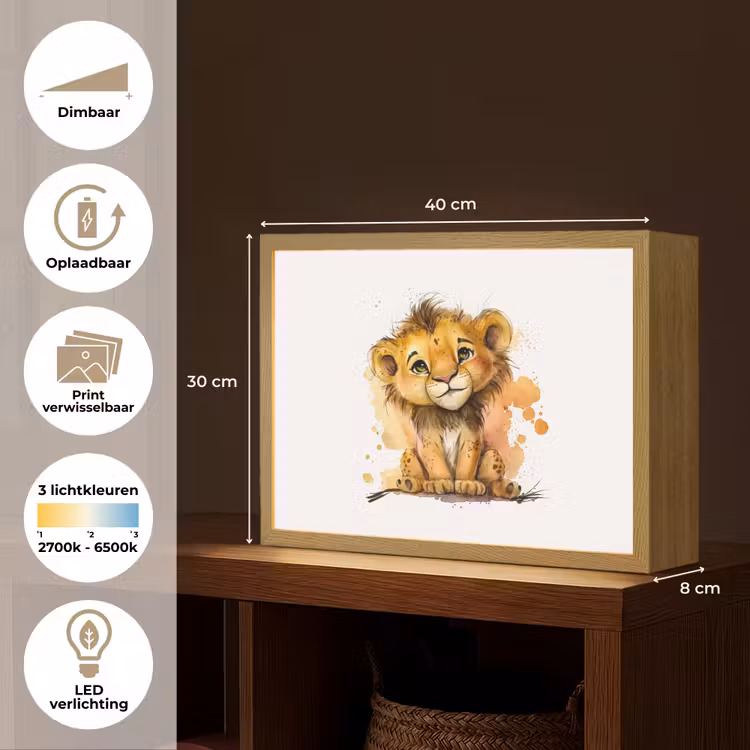 Leeuw - Waterverf - Bruin - Dieren - Meisjes - Jongens Light Box met batterij (Wandlamp kind) middel -USP_websiteoverzichtNL
