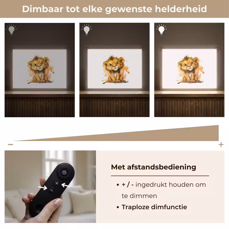 Leeuw - Waterverf - Bruin - Dieren - Meisjes - Jongens Light Box met batterij (Wandlamp kind) middel -USP_dimbaarNL