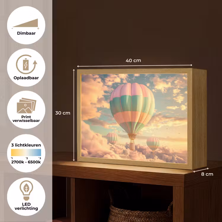 Luchtballon - Dromen - Wolken - Lucht Light Box met batterij (Wandlamp kind) middel -USP_websiteoverzichtNL