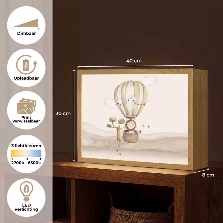 Luchtballon - Leeuw - Watercolor - Safari - Dieren Light Box met batterij (Wandlamp kind) middel -USP_websiteoverzichtNL