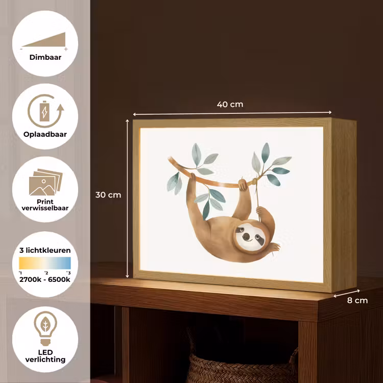Luiaard - Dier - Jungle dieren Light Box met batterij (Wandlamp kind) middel -USP_websiteoverzichtNL