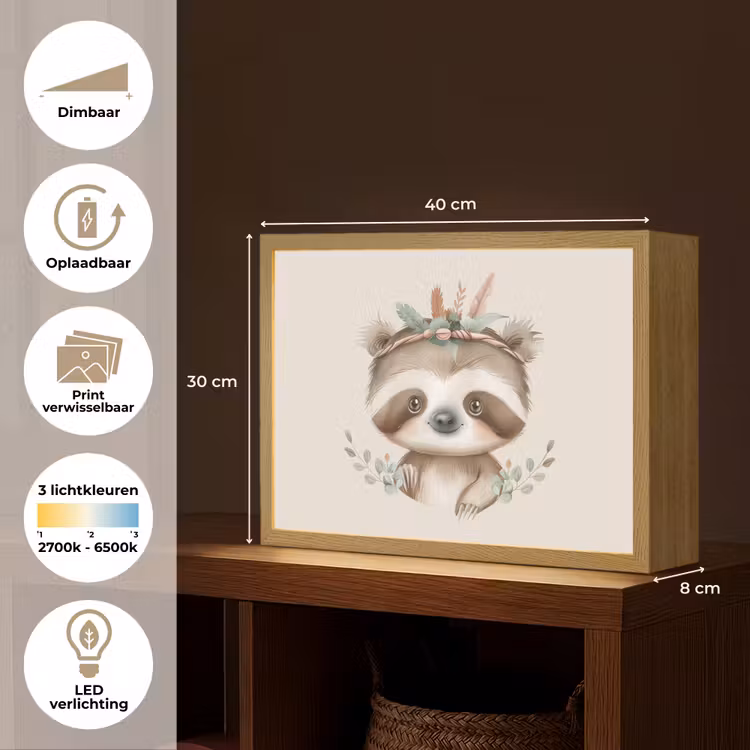 Luiaard - Dieren - Bohemian - Boho Light Box met batterij (Wandlamp kind) middel -USP_websiteoverzichtNL