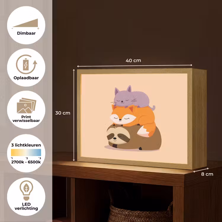 Luiaard - Vos - Kat - Slaperig Light Box met batterij (Wandlamp kind) middel -USP_websiteoverzichtNL