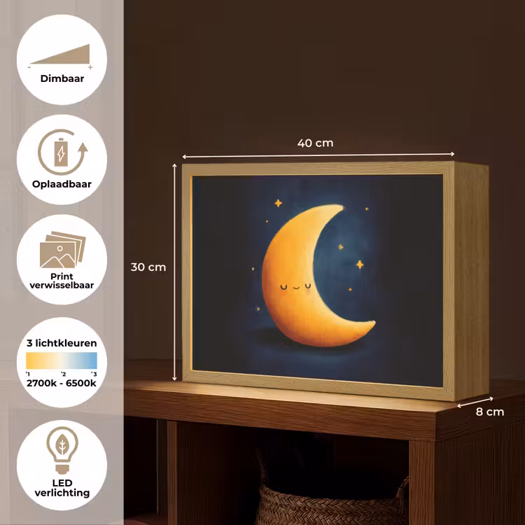 Maan - Geel - Sterren - Gezichtje Light Box met batterij (Wandlamp kind) middel -USP_websiteoverzichtNL