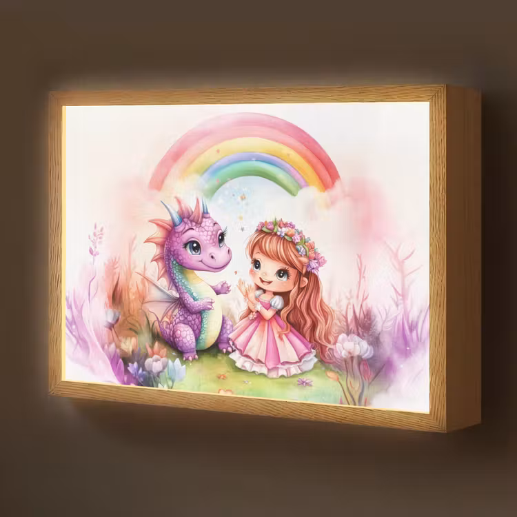 Meisje - Draak - Regenboog Light Box met batterij (Wandlamp kind) middel -z3d_website