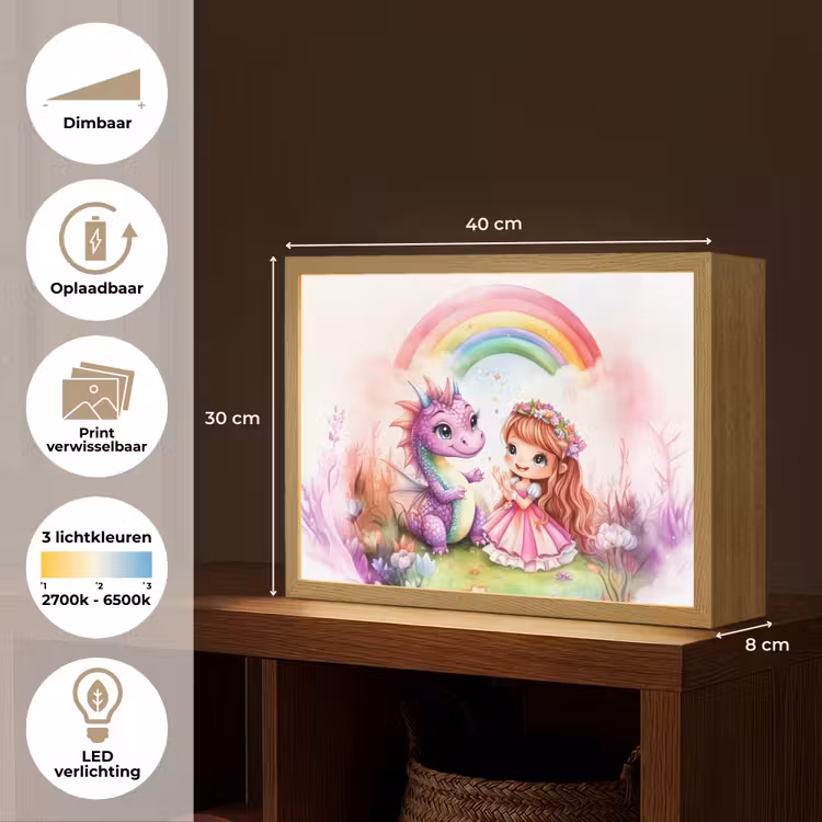 Meisje - Draak - Regenboog Light Box met batterij (Wandlamp kind) middel -USP_websiteoverzichtNL