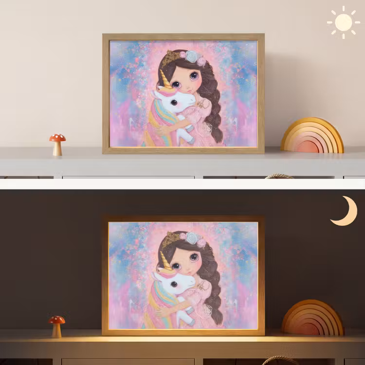 Meisje - Eenhoorn - Glitter Light Box met batterij (Wandlamp kind) middel -sfeer3_kind