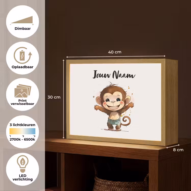 Aap - Bruin - Waterverf - Dieren - Meiden - Jongens Light Box met batterij (Wandlamp kind) middel -USP_websiteoverzichtNL