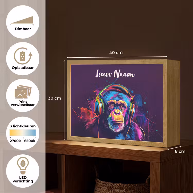 Aap - Koptelefoon - Muziek - Kleurrijk Light Box met batterij (Wandlamp kind) middel -USP_websiteoverzichtNL