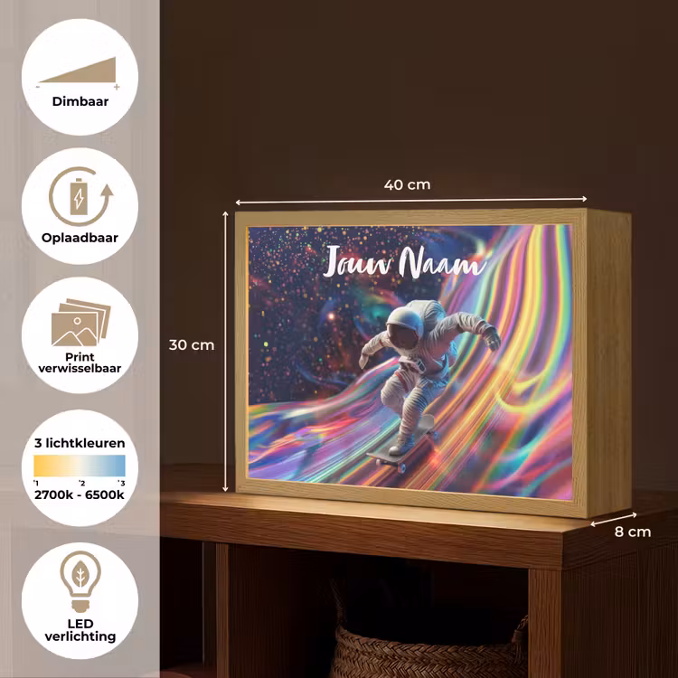 Astronaut - Ruimte - Skateboard - Kleurrijk Light Box met batterij (Wandlamp kind) middel -USP_websiteoverzichtNL
