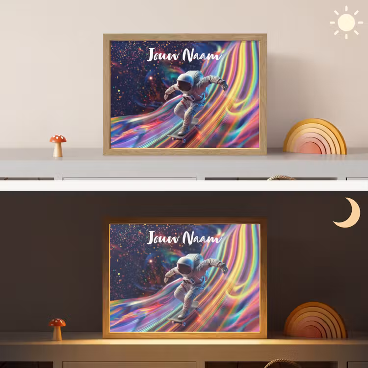 Astronaut - Ruimte - Skateboard - Kleurrijk Light Box met batterij (Wandlamp kind) middel -sfeer3_kind