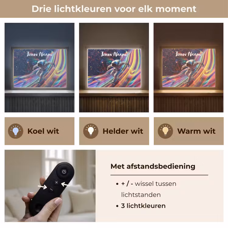 Astronaut - Ruimte - Skateboard - Kleurrijk Light Box met batterij (Wandlamp kind) middel -USP_lichtkleurNL