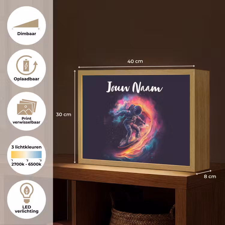Astronaut - Ruimte - Surfen - Kleurrijk Light Box met batterij (Wandlamp kind) middel -USP_websiteoverzichtNL