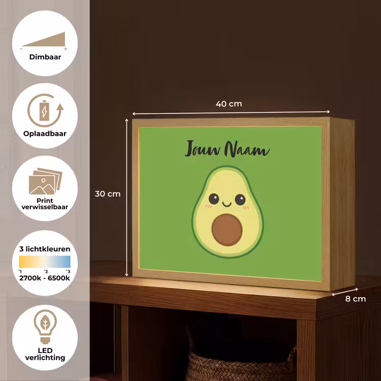 Avocado - Groen - Pit - Gezichtje Light Box met batterij (Wandlamp kind) middel -USP_websiteoverzichtNL