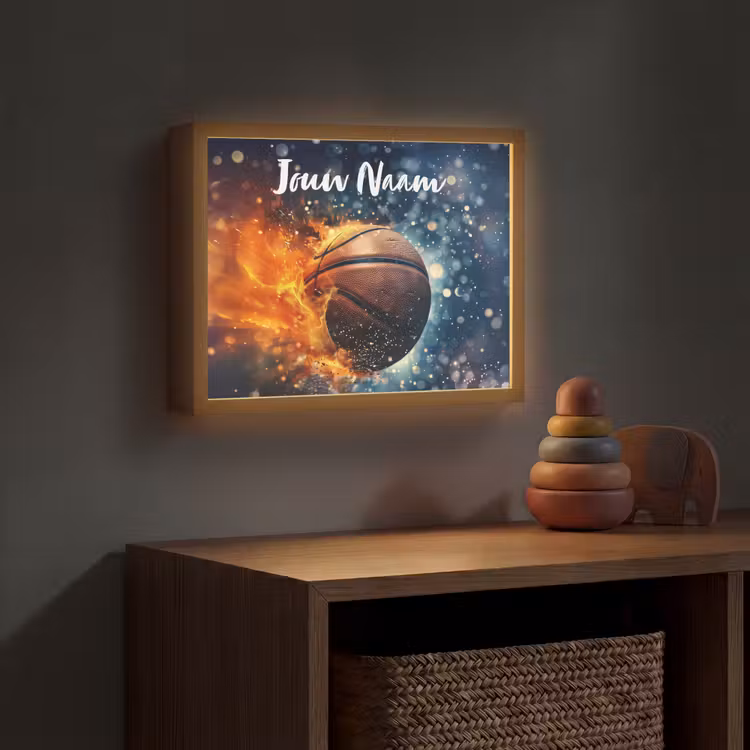 Basketbal - Vuur - Sport - Blauw - Oranje Light Box met batterij (Wandlamp kind) middel -sfeer5_kind