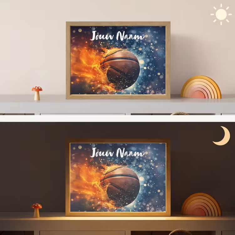 Basketbal - Vuur - Sport - Blauw - Oranje Light Box met batterij (Wandlamp kind) middel -sfeer3_kind