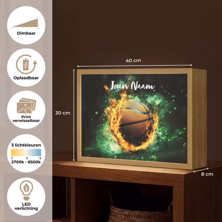 Basketbal - Vuur - Vlammen - Groen Light Box met batterij (Wandlamp kind) middel -USP_websiteoverzichtNL