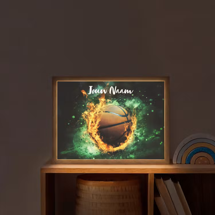 Basketbal - Vuur - Vlammen - Groen Light Box met batterij (Wandlamp kind) middel -sfeer1_kind