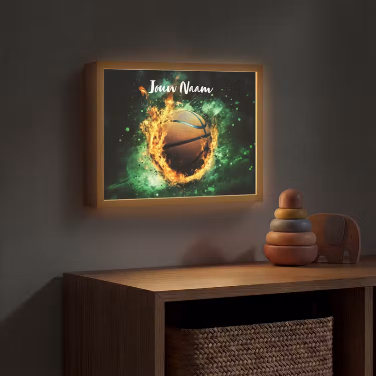 Basketbal - Vuur - Vlammen - Groen Light Box met batterij (Wandlamp kind) middel -sfeer5_kind
