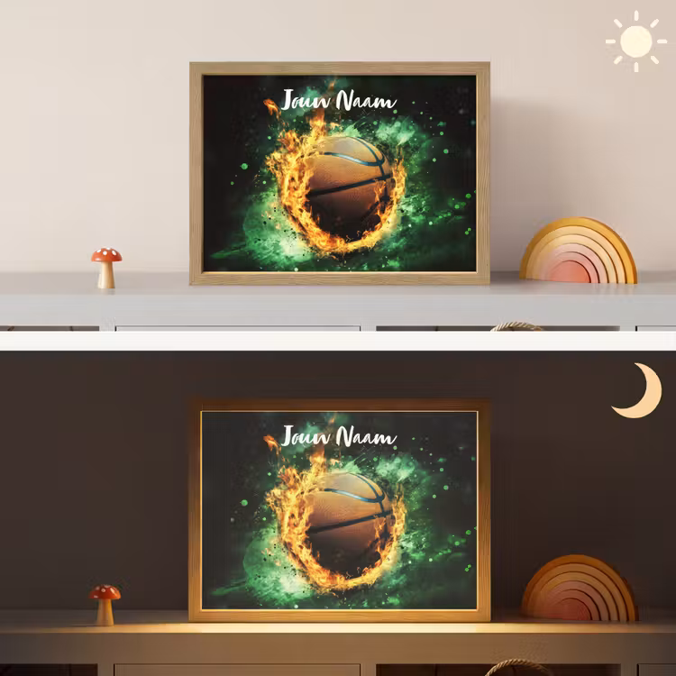 Basketbal - Vuur - Vlammen - Groen Light Box met batterij (Wandlamp kind) middel -sfeer3_kind