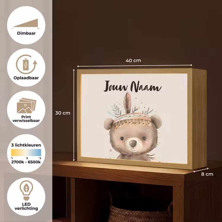 Beer - Boho - Indianentooi - Dieren Light Box met batterij (Wandlamp kind) middel -USP_websiteoverzichtNL