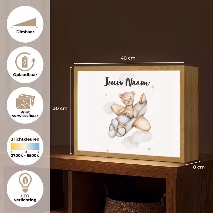 Beer - Vliegtuig - Sterren - Kinderen Light Box met batterij (Wandlamp kind) middel -USP_websiteoverzichtNL