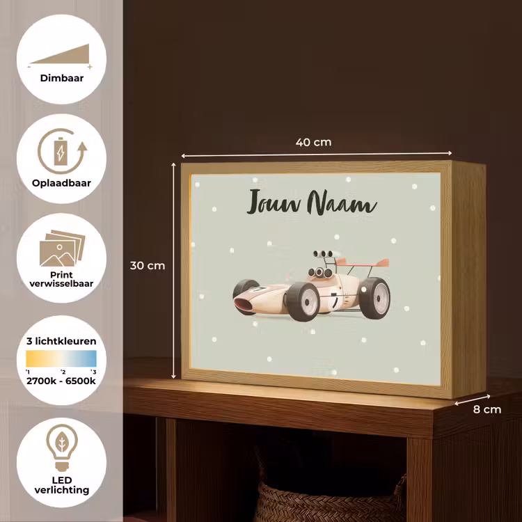 Beige - Raceauto - Stippen - Wielen Light Box met batterij (Wandlamp kind) middel -USP_websiteoverzichtNL