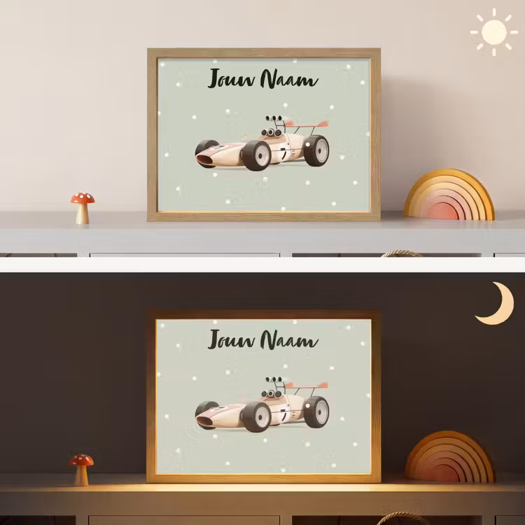 Beige - Raceauto - Stippen - Wielen Light Box met batterij (Wandlamp kind) middel -sfeer3_kind
