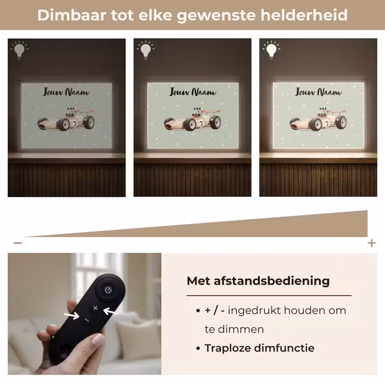 Beige - Raceauto - Stippen - Wielen Light Box met batterij (Wandlamp kind) middel -USP_dimbaarNL