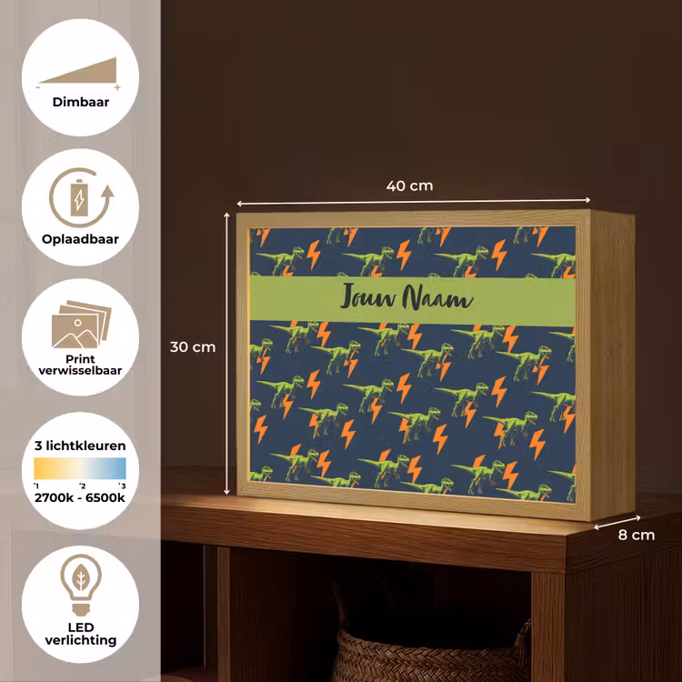 Bliksemschichten - Oranje - Dino - Patroon Light Box met batterij (Wandlamp kind) middel -USP_websiteoverzichtNL