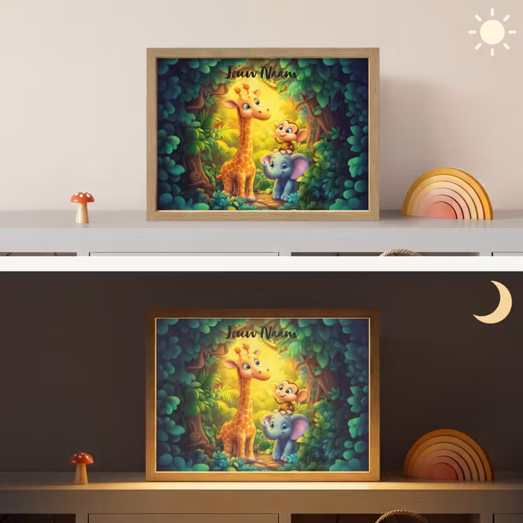Dieren - Jungle - Giraf - Olifant - Aapje Light Box met batterij (Wandlamp kind) middel -sfeer3_kind