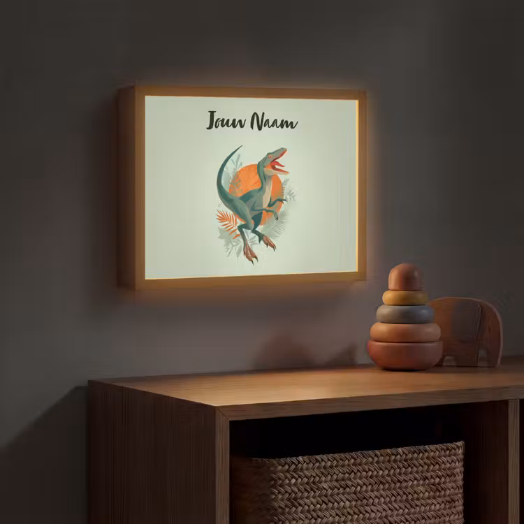 Dino - Bladeren - Grafisch - Groen Light Box met batterij (Wandlamp kind) middel -sfeer5_kind
