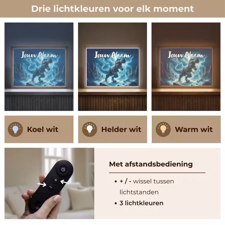 Dino - Blauw - Jongens Light Box met batterij (Wandlamp kind) middel -USP_lichtkleurNL