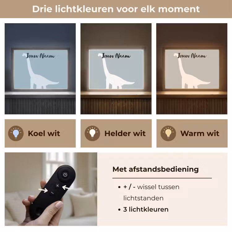 Dino - Brachiosaurus - Dinosaurus - Blauw Light Box met batterij (Wandlamp kind) middel -USP_lichtkleurNL