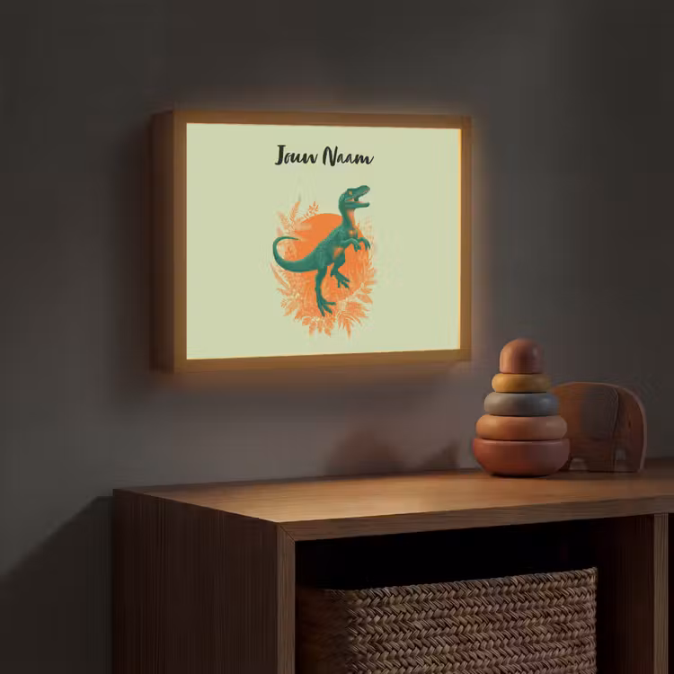 Dino - Groen - Bladeren - Cirkel Light Box met batterij (Wandlamp kind) middel -sfeer5_kind