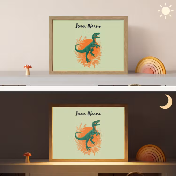 Dino - Groen - Bladeren - Cirkel Light Box met batterij (Wandlamp kind) middel -sfeer3_kind