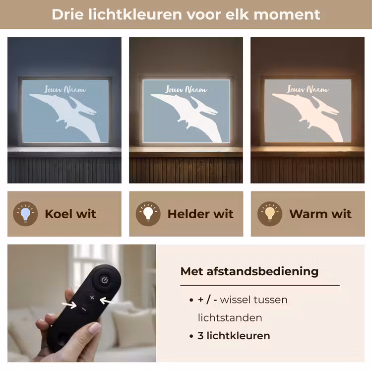Dino - Pteranodon - Dinosaurus - Blauw Light Box met batterij (Wandlamp kind) middel -USP_lichtkleurNL