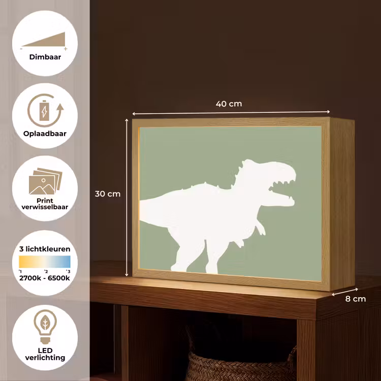 Dino - T-rex - Dinosaurus - Groen - Tyrannosaurus rex Light Box met batterij (Wandlamp kind) middel -USP_websiteoverzichtNL