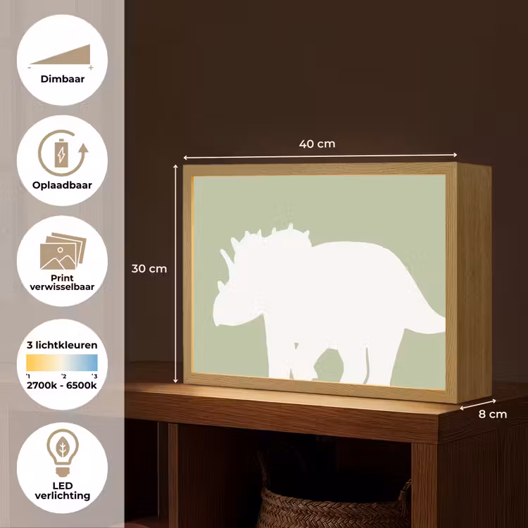 Dino - Triceratops - Dinosaurus - Groen Light Box met batterij (Wandlamp kind) middel -USP_websiteoverzichtNL