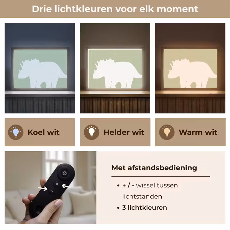 Dino - Triceratops - Dinosaurus - Groen Light Box met batterij (Wandlamp kind) middel -USP_lichtkleurNL