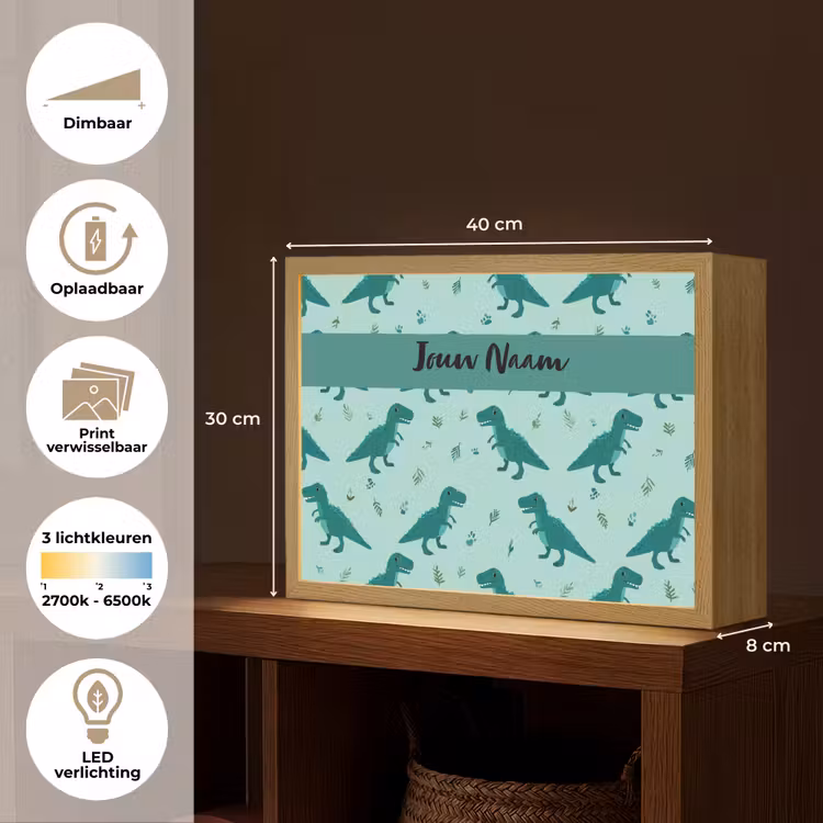 Dinosaurus - Blauw - Bladeren - Voetafdrukken Light Box met batterij (Wandlamp kind) middel -USP_websiteoverzichtNL