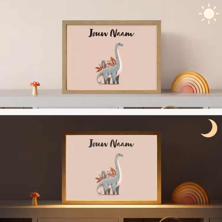 Dinosaurus - Planten - Beige - Minimalistisch Light Box met batterij (Wandlamp kind) middel -sfeer3_kind