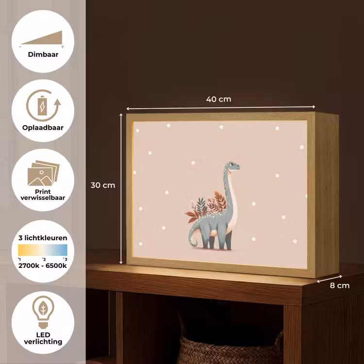Dinosaurus - Planten - Stippen - Beige Light Box met batterij (Wandlamp kind) middel -USP_websiteoverzichtNL