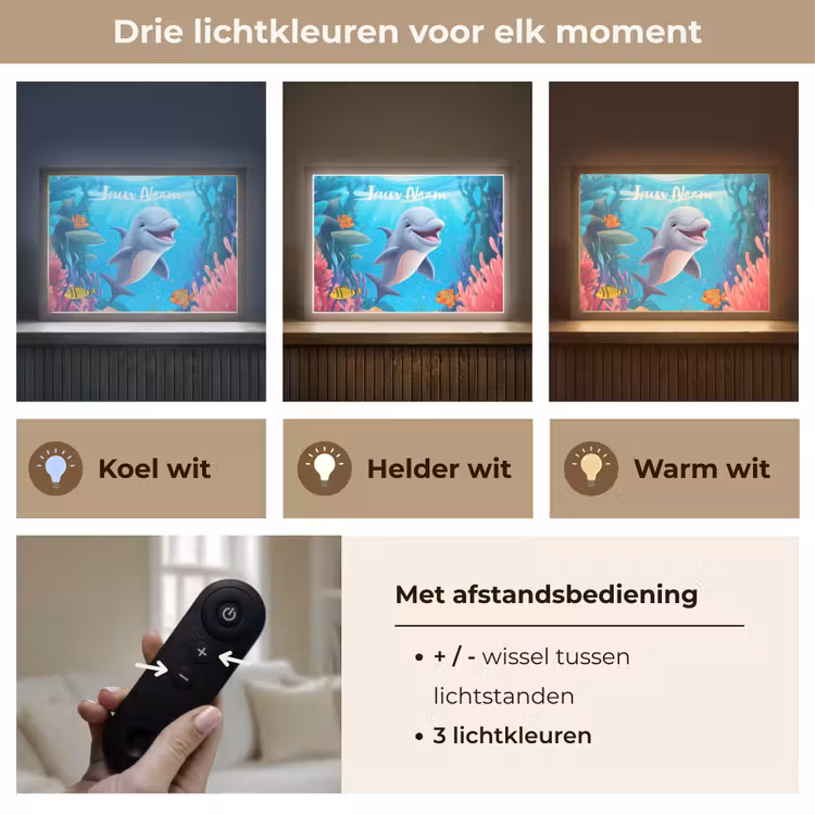 Dolfijn - Zeedieren - Onderwater - Kinderen - Meisjes Light Box met batterij (Wandlamp kind) middel -USP_lichtkleurNL