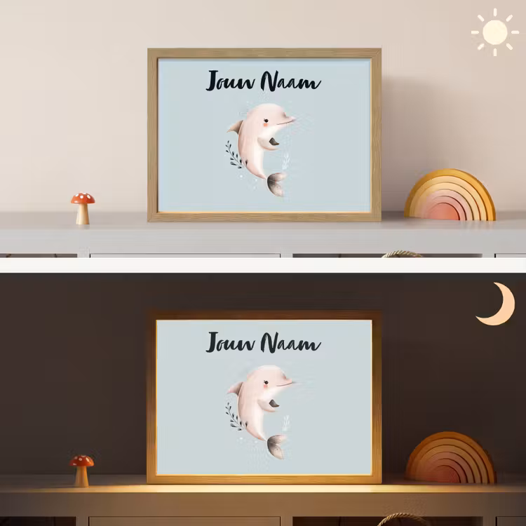 Dolfijn - Zeewier - Grijs Light Box met batterij (Wandlamp kind) middel -sfeer3_kind