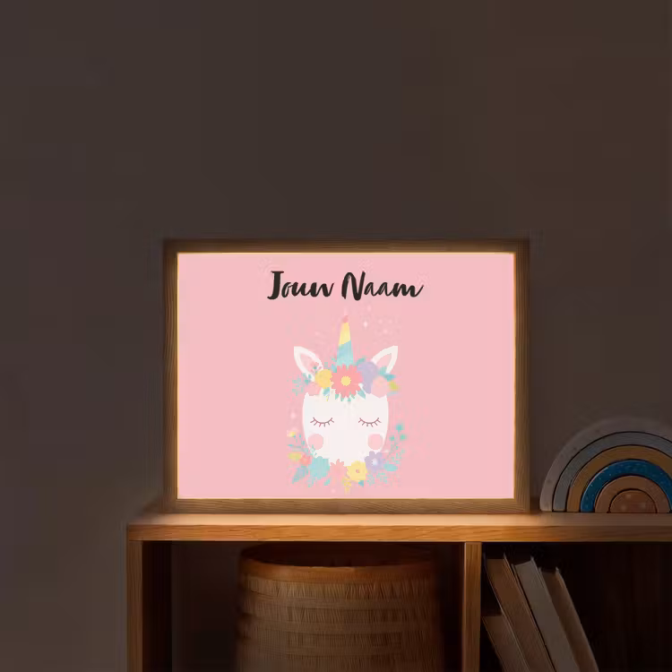 Eenhoorn - Bloemen - Roze Light Box met batterij (Wandlamp kind) middel -sfeer1_kind